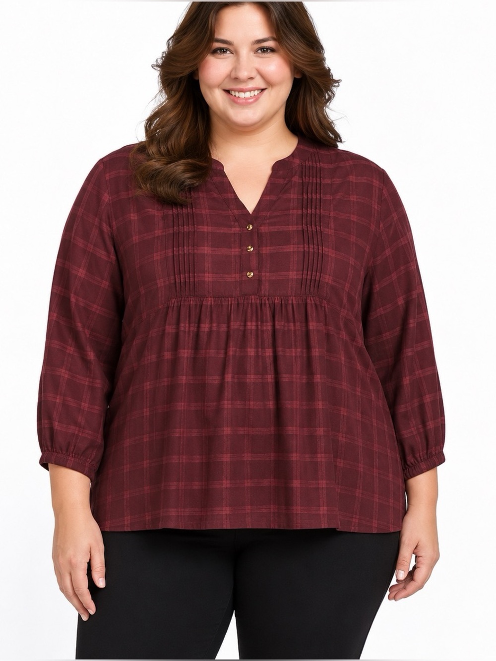 Wrangler Babydoll Plaid Blouse Burgundy Long Sleeve Women Size XXL
